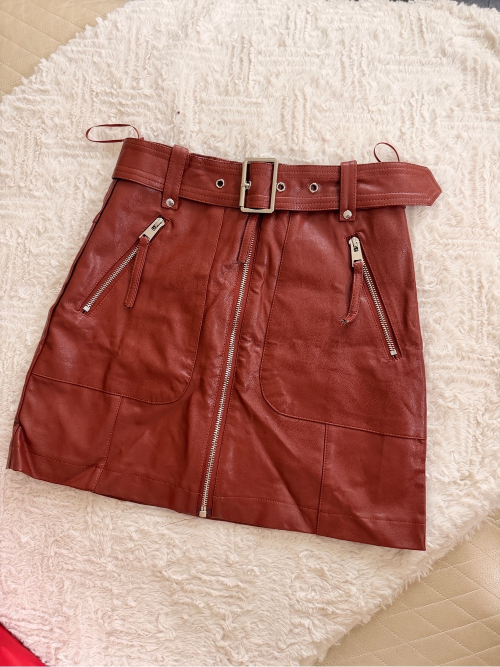 privy Rust Red Faux Leather Belted Mini Skirt